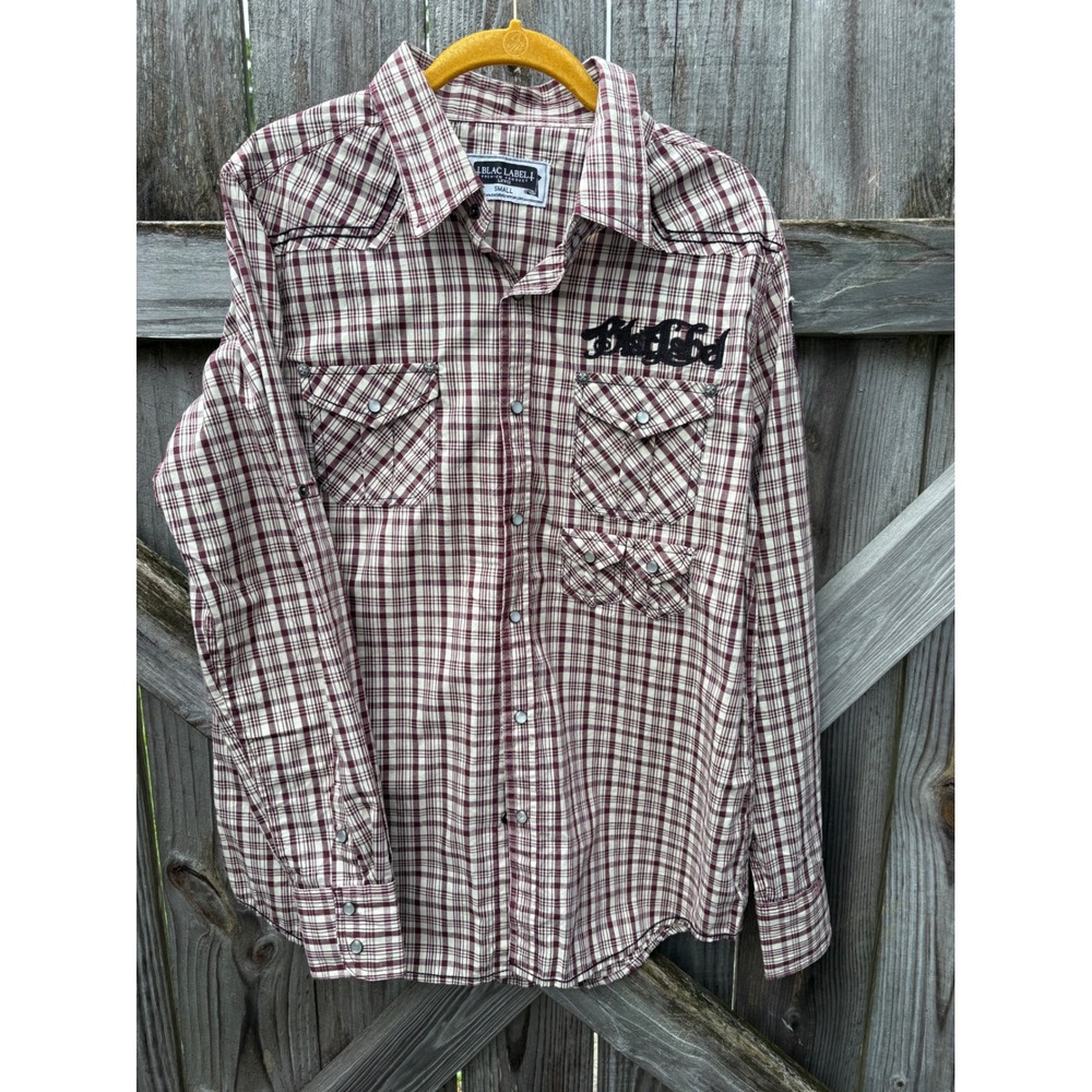 Blac Label Mens Small Burgundy Plaid Western Snap Button Down Shirt Embroidered